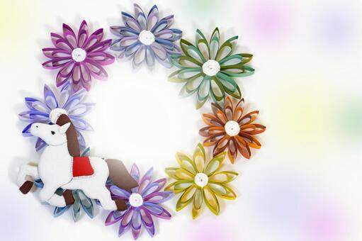 白馬とペーパーフラワーのカラフルな年賀状 年賀状,午年,白馬の写真素材