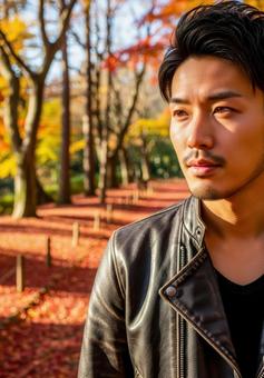 秋色に染まる公園で散歩するおしゃれな男性 秋色に染まる公園で散歩するおしゃれな男性の写真