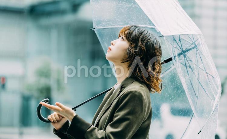 雨の中で傘をさす女性（梅雨・6月） 雨,梅雨,6月の写真素材