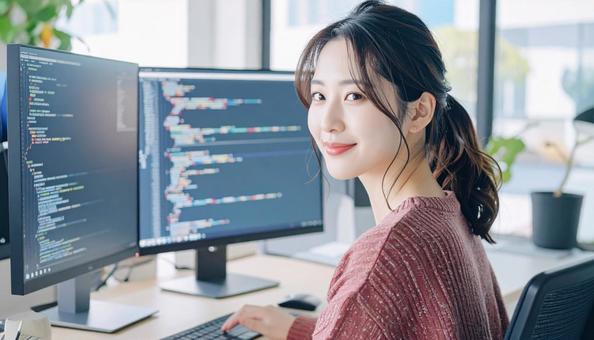プログラミングをする女性エンジニア プログラミングをする女性エンジニアの写真