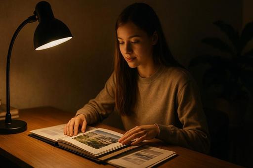 ランプに照らす読書時間 ランプに照らす読書時間の写真