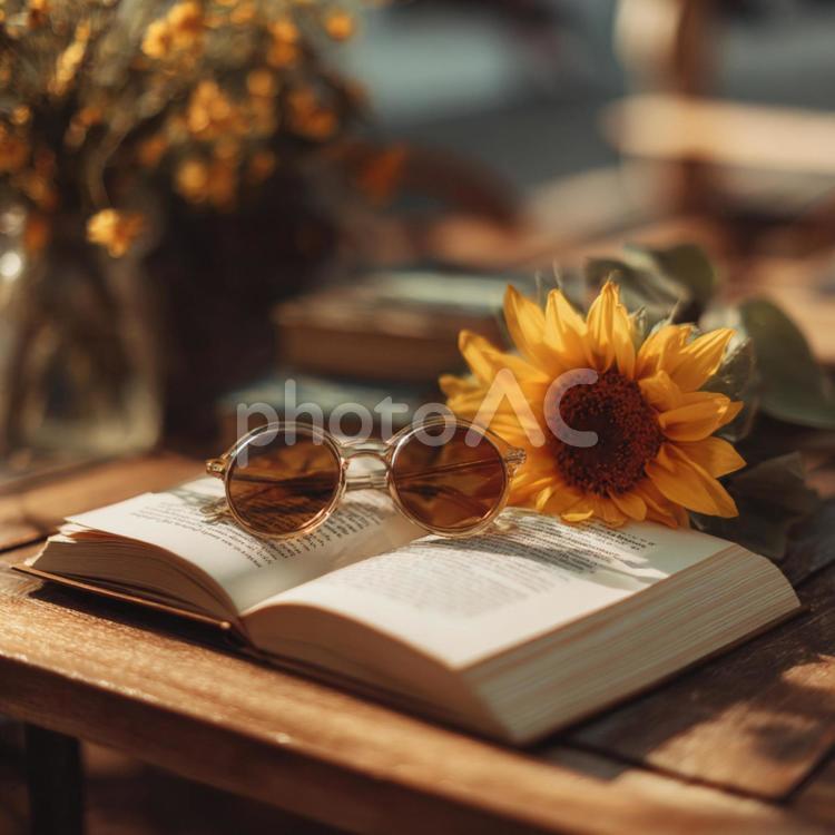 明るい光に包まれた、ひまわりと読書の風景 ひまわり,花,花瓶の写真素材