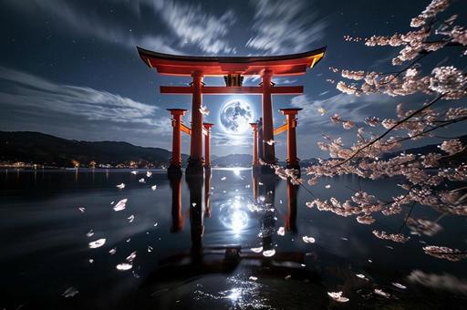 満月の夜の鳥居と湖面に舞う桜 満月の夜の鳥居と湖面に舞う桜の写真