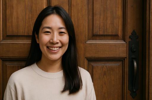 木製ドア前の笑顔の女性 木製ドア前の笑顔の女性の写真