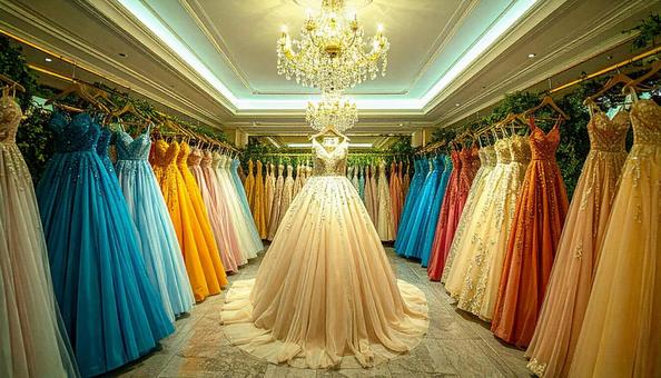 ドレスがかかる結婚式場のドレスルームの写真