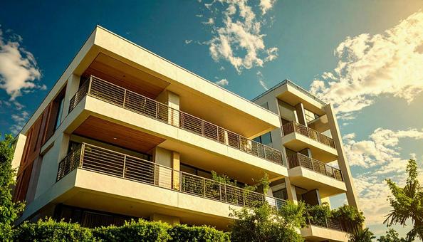 マンションを見上げる　青空背景の写真