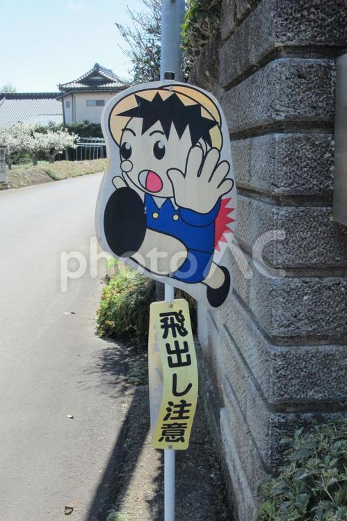 ブロック塀の前に置かれた飛出し注意の看板 看板,立て札,標識の写真素材