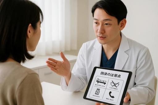 術後の注意点を説明する医師 術後の注意点を説明する医師の写真