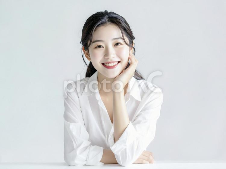 頬杖をつく若い日本人女性　AI生成画像 女性,人物,若いの写真素材