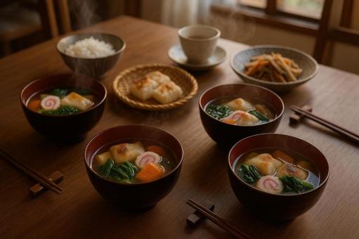 お雑煮の食卓風景 お雑煮の食卓風景の写真