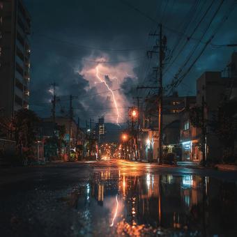 雷雨の夜、光る街の風景 雷雨の夜、光る街の風景の写真
