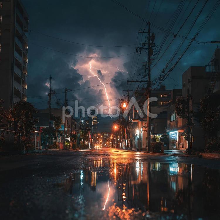 雷雨の夜、光る街の風景 雷,雷雨,夜の写真素材