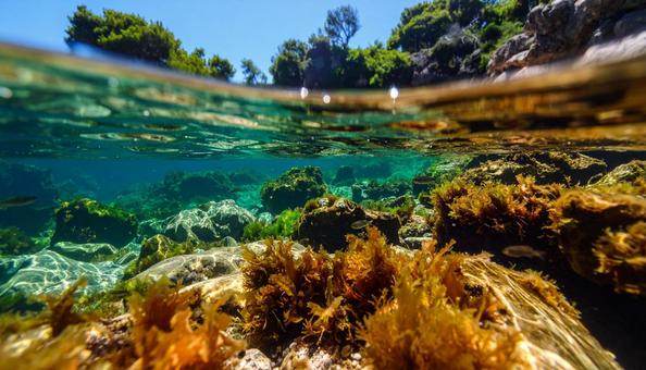 海中から見る岩場の海岸 海中から見る岩場の海岸の写真