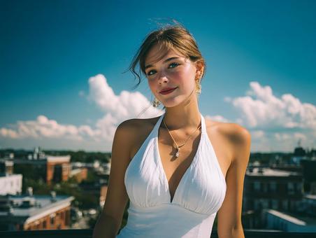 都会の屋上から見下ろすポートレート 都会の屋上から見下ろすポートレートの写真