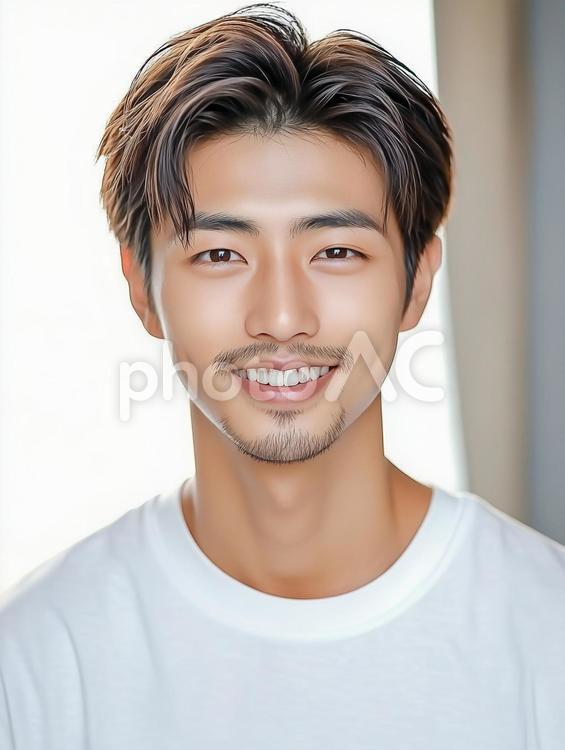 短髪と髭を生やした爽やかな日本人若い男性 男性,笑顔,若いの写真素材
