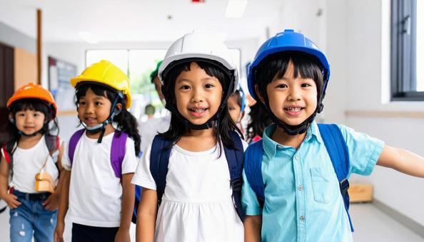 ヘルメットを被り避難訓練をする子供 ヘルメットを被り避難訓練をする子供の写真