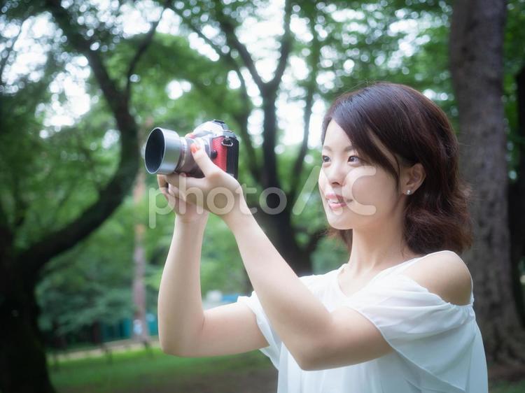 【女性】森の中、ワンピースの女性がカメラで撮影 ワンピース,白い,白の写真素材
