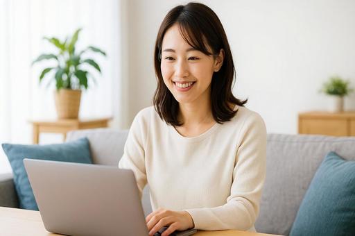 自宅リビングでノートPCを使う日本人女性 自宅リビングでノートPCを使う日本人女性の写真