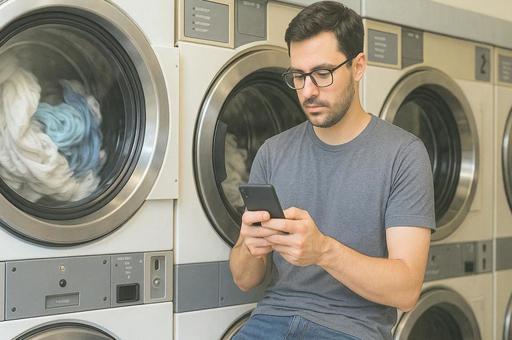 コインランドリーでスマホを触る男性 コインランドリーでスマホを触る男性の写真
