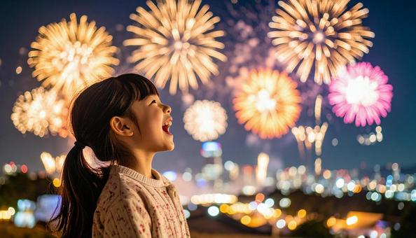 花火を見て歓声をあげる女の子の笑顔 花火を見て歓声をあげる女の子の笑顔の写真