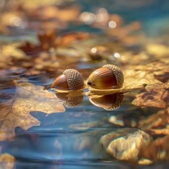 森の小川に浮かぶ新鮮などんぐり 森の小川に浮かぶ新鮮などんぐりの写真