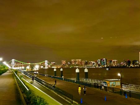 夜の東京湾とレインボーブリッジとビル群 夜の東京湾とレインボーブリッジとビル群 東京湾,空,夜の写真素材