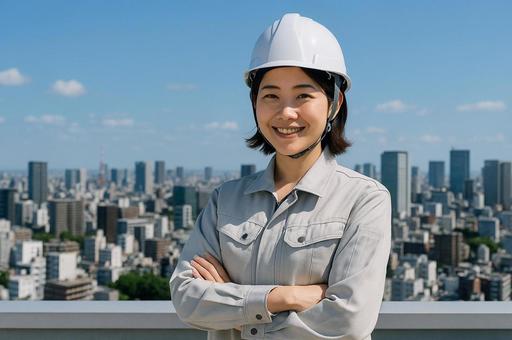 作業着を着た女性 作業着を着た女性の写真