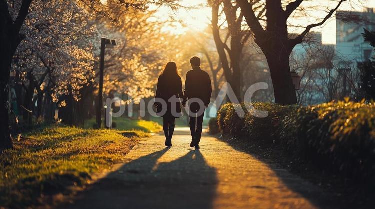 夕暮れの散歩道 夕景,風景,人物の写真素材