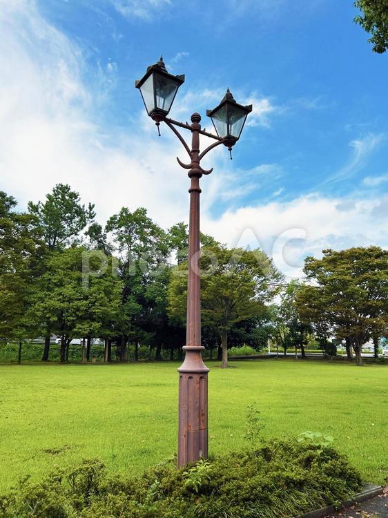 昼間の公園の街灯と空模様 街灯,照明,昼の写真素材