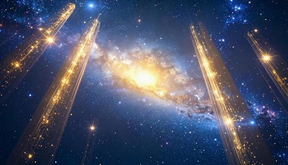 黄金に輝く銀河と星の光柱 黄金に輝く銀河と星の光柱の写真