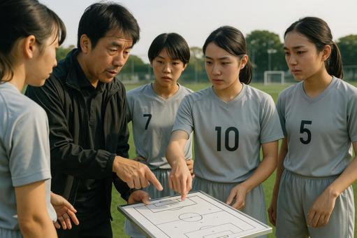 作戦を立てる女子チームと監督 作戦を立てる女子チームと監督の写真
