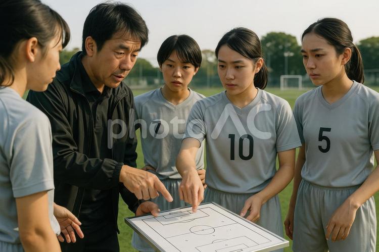 作戦を立てる女子チームと監督 女子サッカー,日本,作戦会議の写真素材