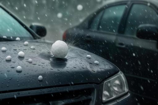 車のボンネットを叩く大粒の雹と飛沫の写真
