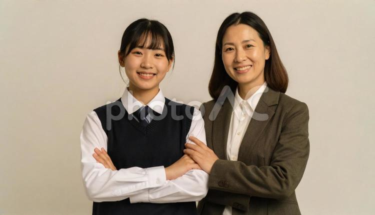 仲良しの制服の子供と母親のポートレート  制服,女性,ブレザーの写真素材