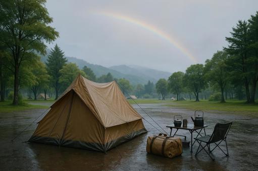 雨上がりのキャンプと虹の写真