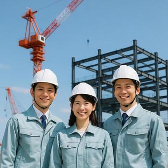 建設現場を背景にしたチーム集合 建設現場を背景にしたチーム集合の写真