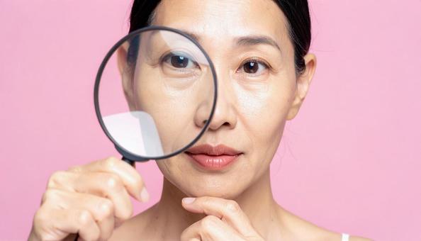 肌の老化を虫眼鏡で見る女性の写真