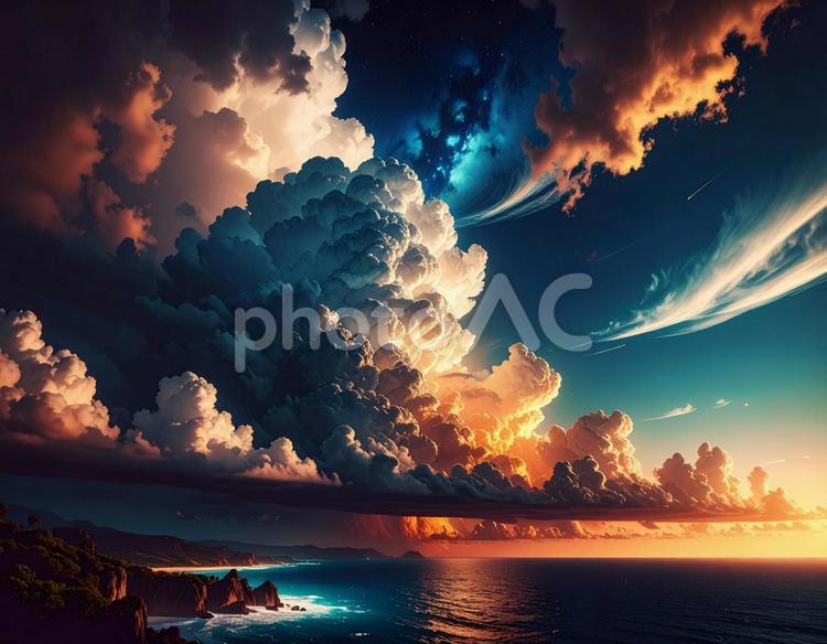海と大きな雲のある風景 海,夏,波の写真素材