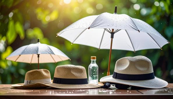 熱中症対策　木陰　帽子　日傘　水分の写真