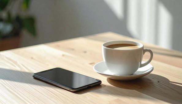 テーブルのコーヒーとスマホ テーブルのコーヒーとスマホの写真