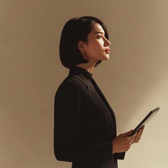 集中してタブレットを見る働く女性 集中してタブレットを見る働く女性の写真