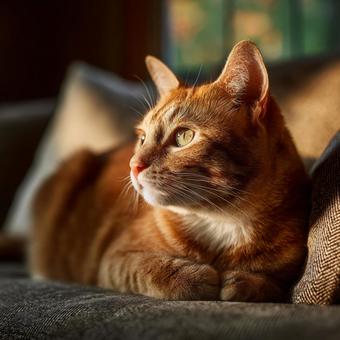茶色と白の縞模様の猫が家の中でリラックス 茶色と白の縞模様の猫が家の中でリラックスの写真