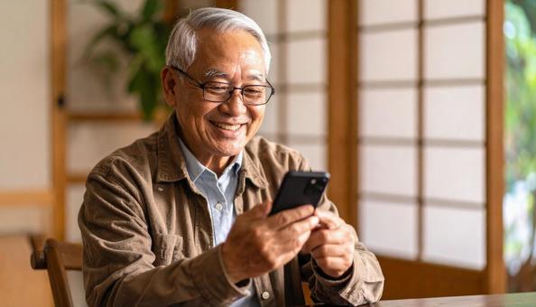 An elderly Japanese man smiling while operating a smartphone indoors, people, male, japanese, JPG