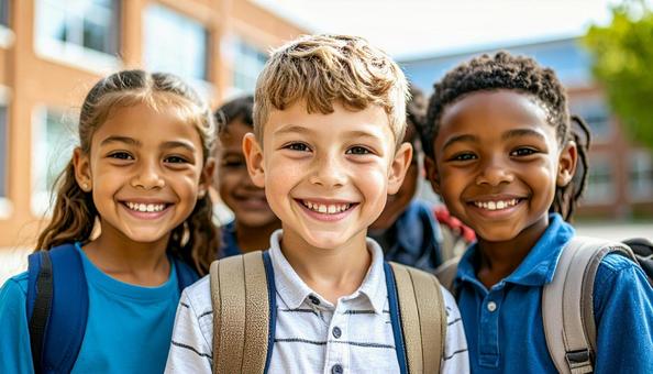 学校に通う仲良しの外国人の子供たち 学校に通う仲良しの外国人の子供たちの写真