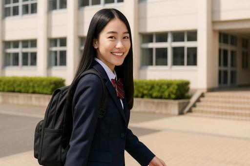リュック姿の笑顔の女子高生と校舎・通学の写真