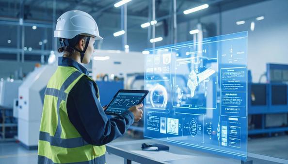 作業員がホログラムの図面を見る工場 作業員がホログラムの図面を見る工場の写真