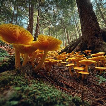 森の地面に群生する鮮やかなキノコ 森の地面に群生する鮮やかなキノコの写真