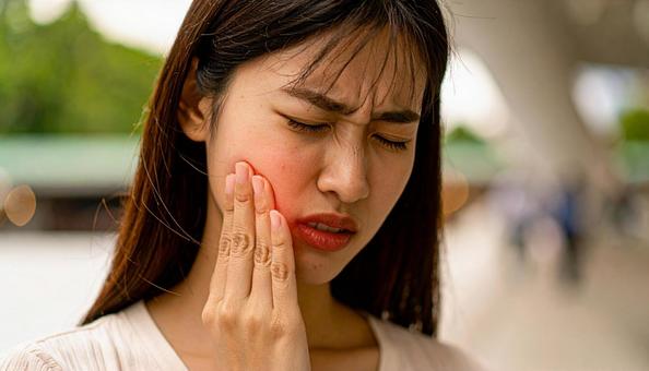 歯が痛んで手で押さえる女性 歯が痛んで手で押さえる女性の写真