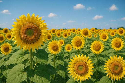 青空の下の夏のひまわり畑 青空の下の夏のひまわり畑の写真