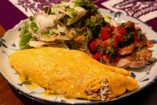Whitebait, cheese, natto omelette plate, JPG Whitebait, cheese, natto omelette plate, JPG